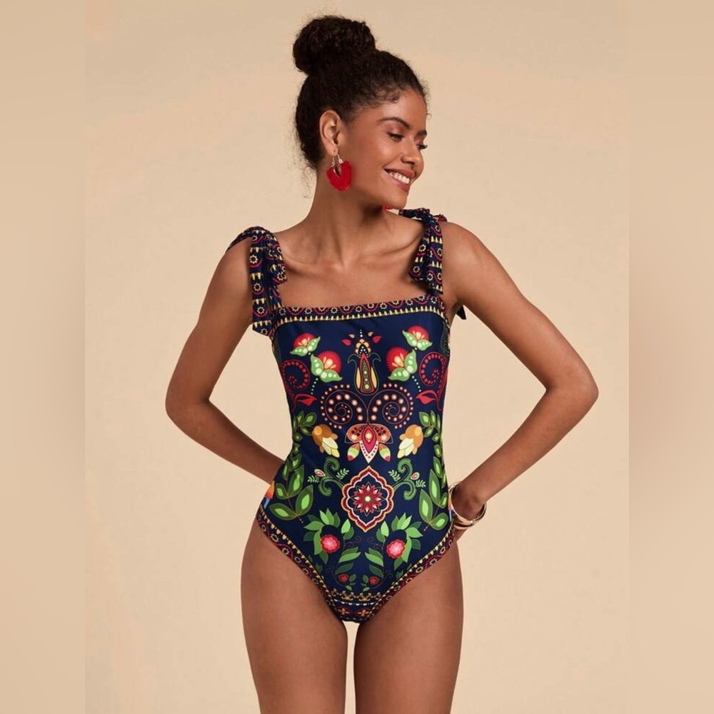 Navy Floral One-Piece Swimsuit with Tie Straps